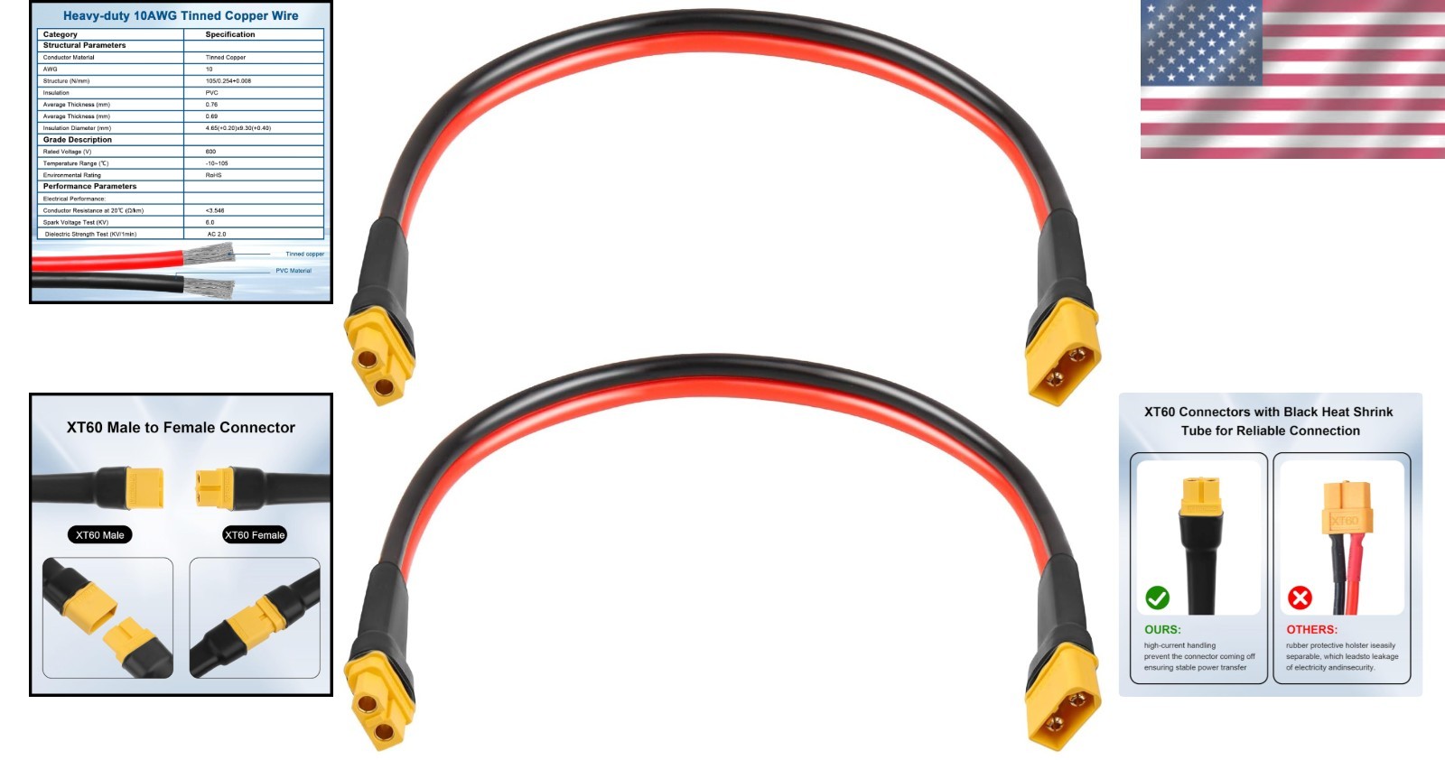 1FT XT60 Power Extension Cable – Tinned Copper, Ideal for High-Power RC Devices