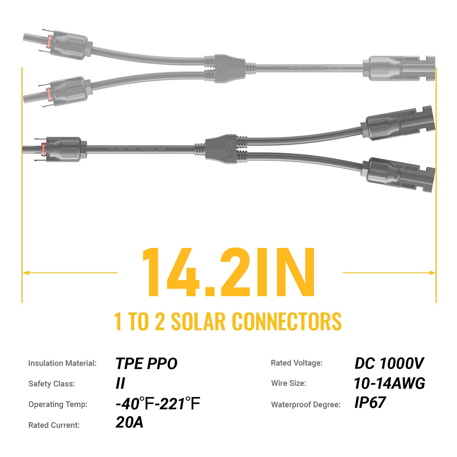 1 Pairs Solar Connectors Y Branch Parallel Adapter Cable 1 to 2 for Solar Panel