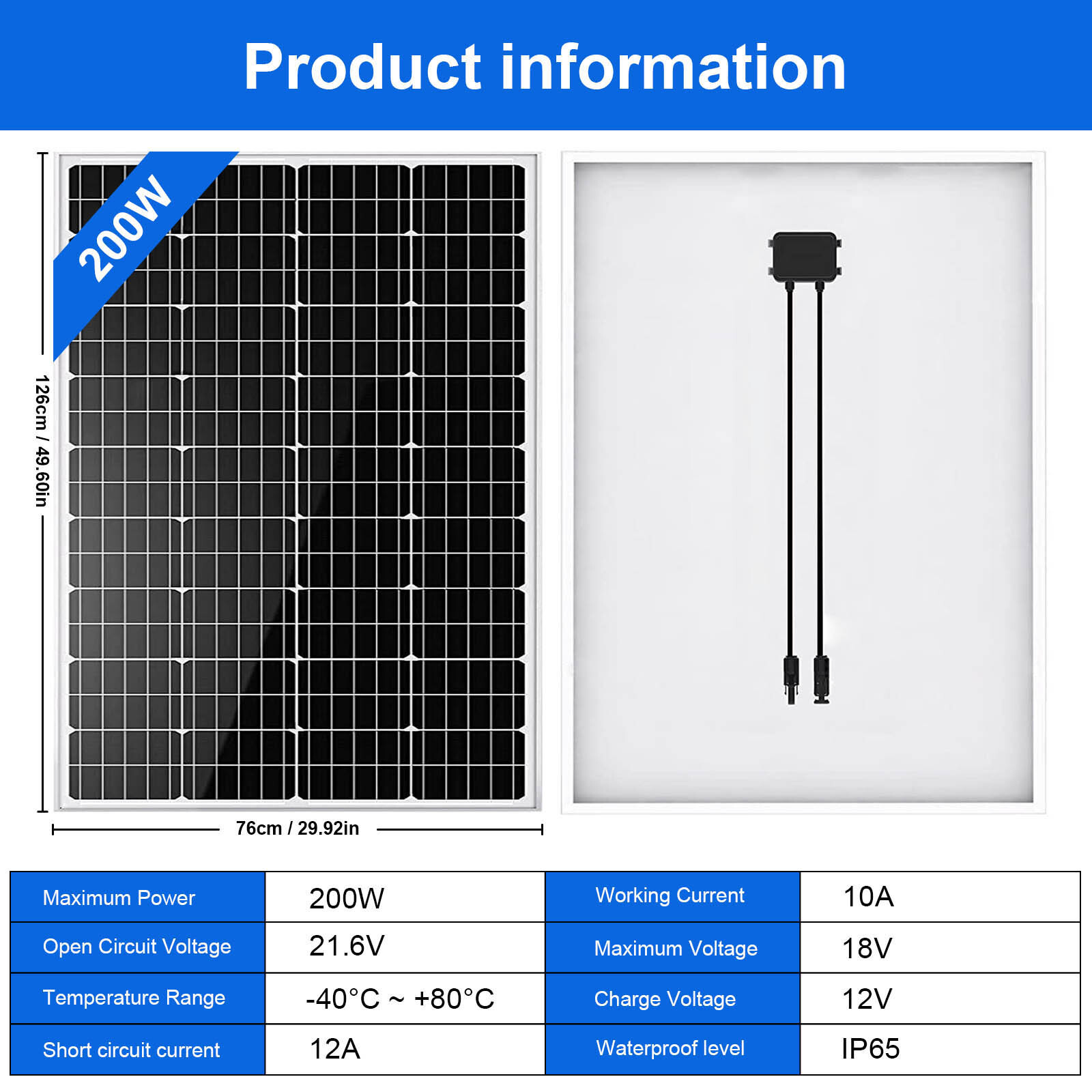 200W High Efficiency PV Module Mono Solar Panel 12V Off Grid Power Home RV Boat