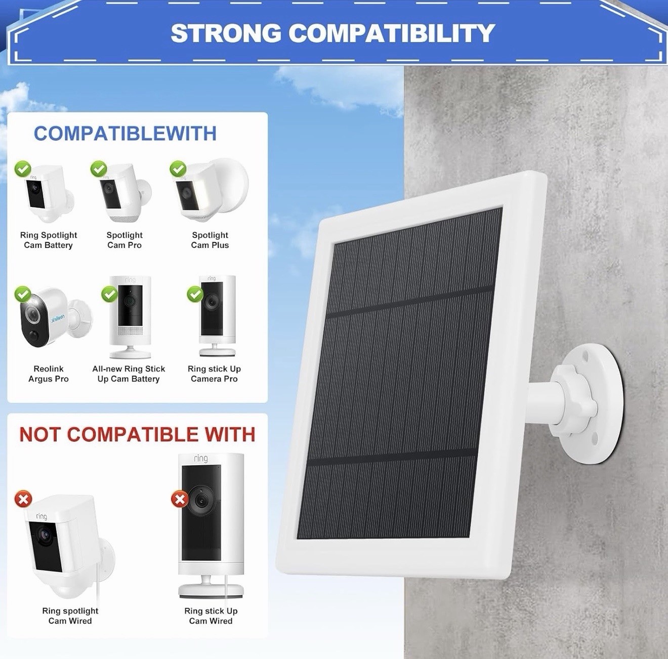 2 Pack Solar Panel for Ring Spotlight Plus/Pro/Cam Camera 5W Solar Charger New