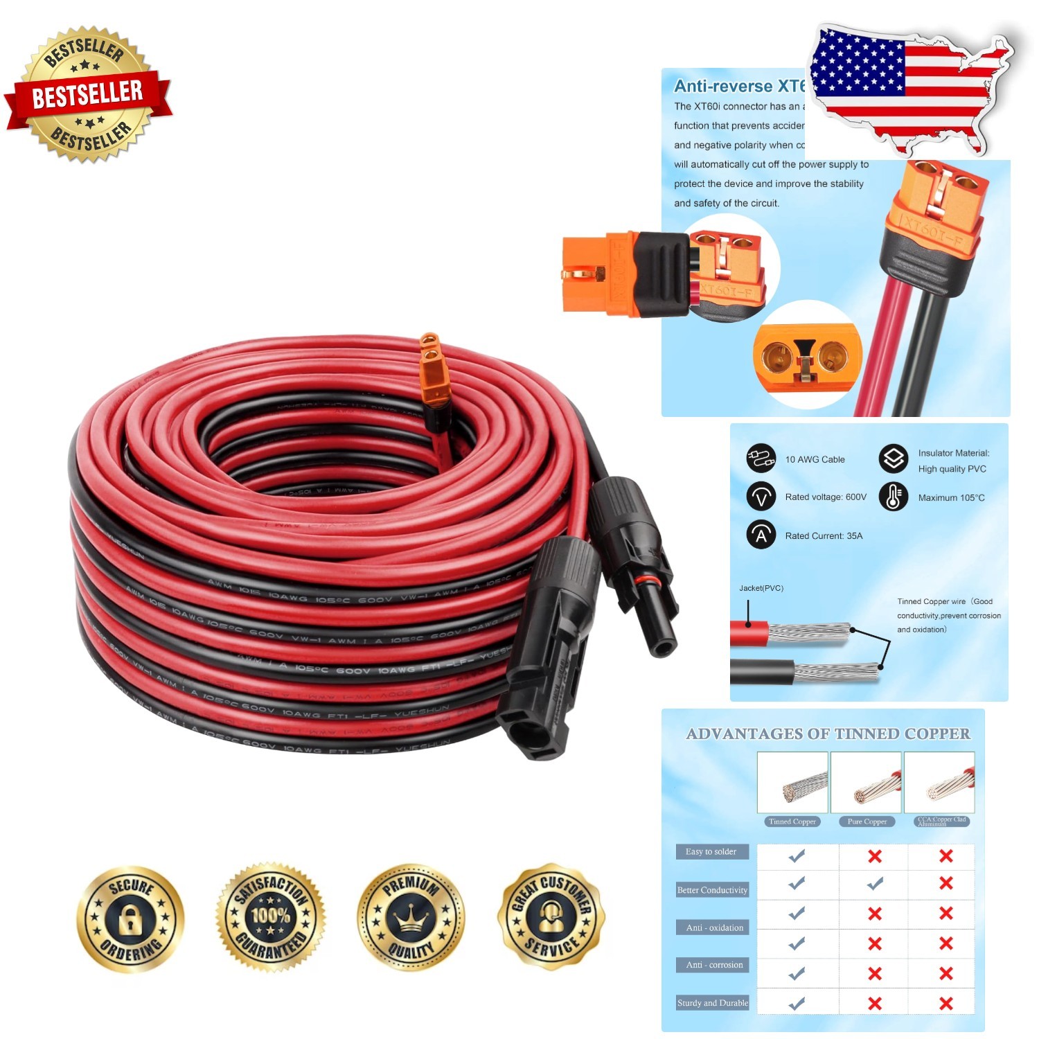 Heavy-Duty 50ft 10AWG Solar Panel to XT60i Cable | 600V | Waterproof Connector