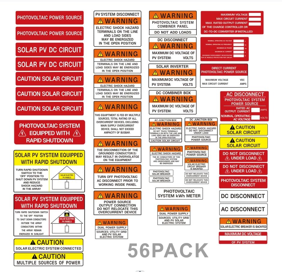 56 Pack PV Solar System Install Label Kit, Photovoltaic Safety Labels,Photovo…
