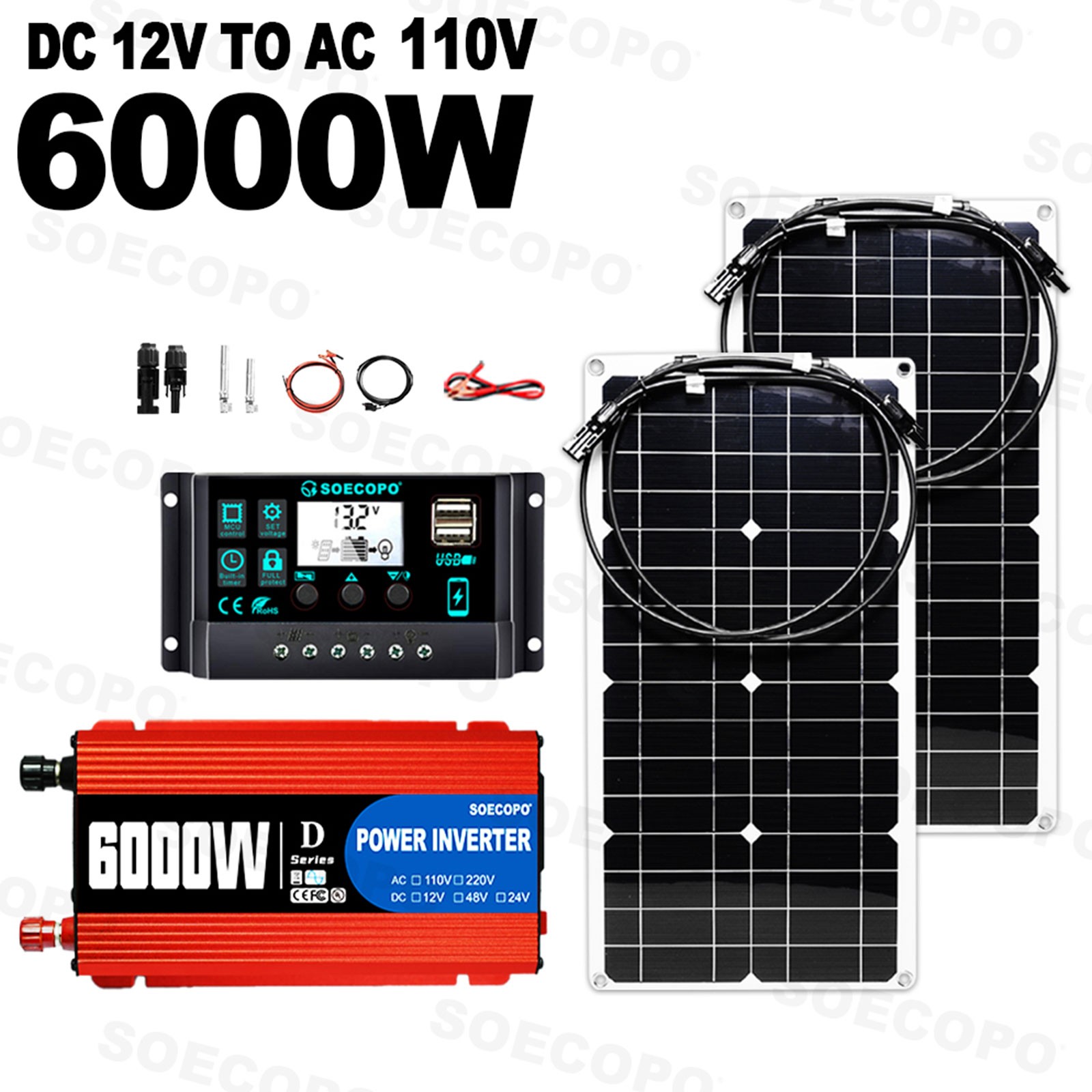 6000W Peak Solar System Kit 2pcs Panel 110V/220V Inverter For Camp Home charger