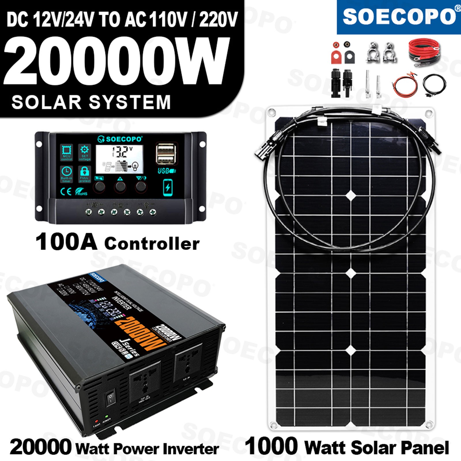 20000W Peak Solar System Kit Panel 12V/24V To 110V/220V Inverter