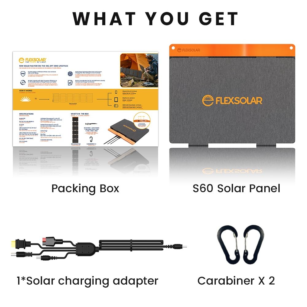 60W Portable Solar Panels Chargers with PD3.0 USB-C,QC3.0 USB-A and DC Output…