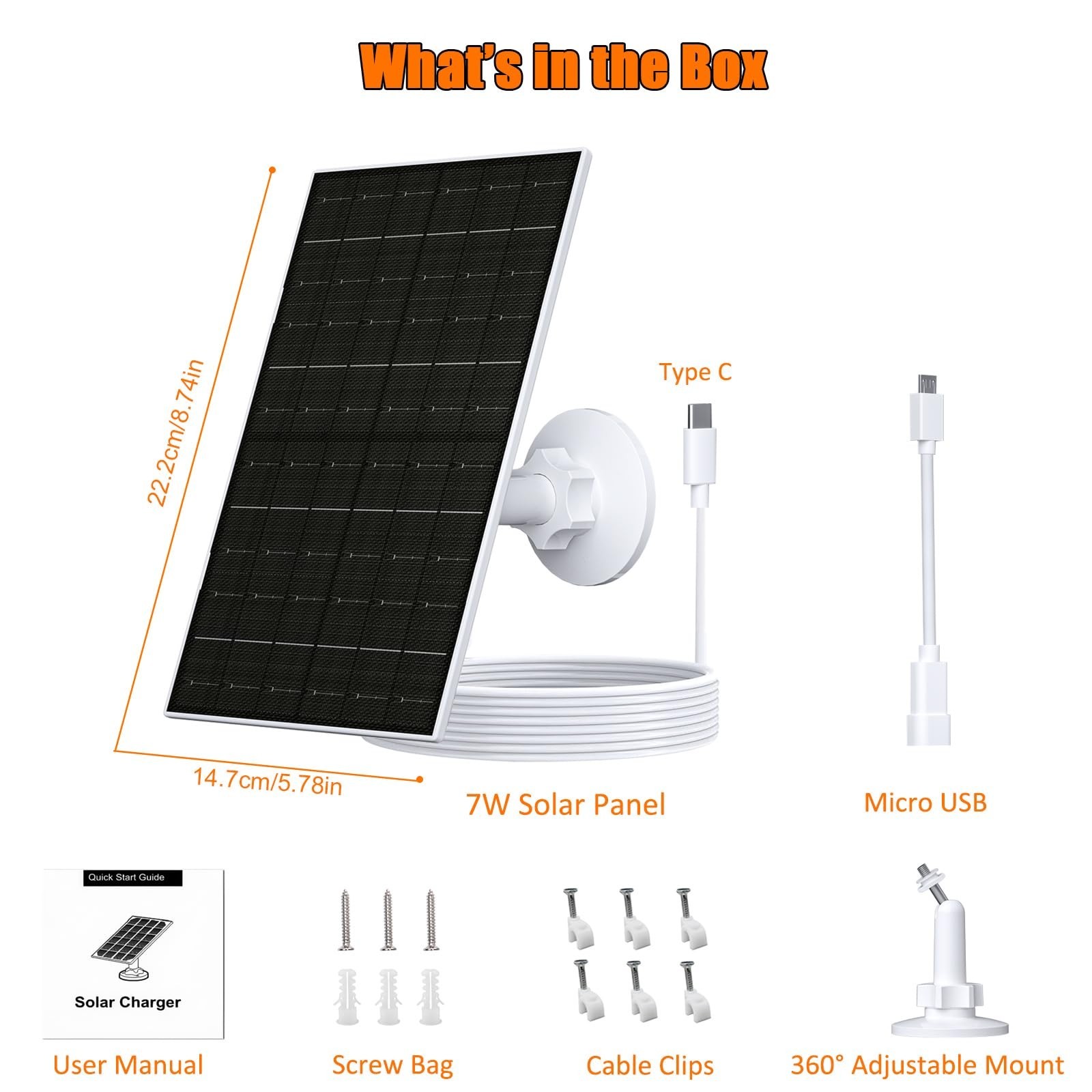 7W Solar Panel for 2K Cameras, USB-C Solar Charger, IP66 Waterproof, 360° Mount,