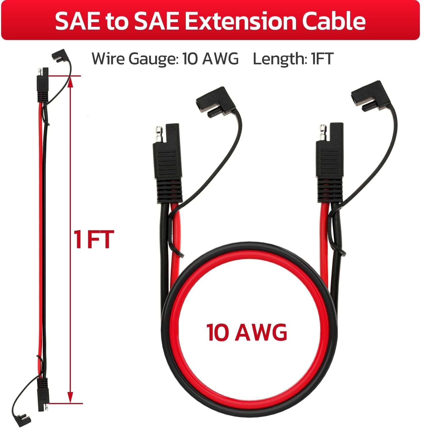 10 Gauge SAE to SAE Extension Cord 1FT – Two-Prong Water Resistant Connection
