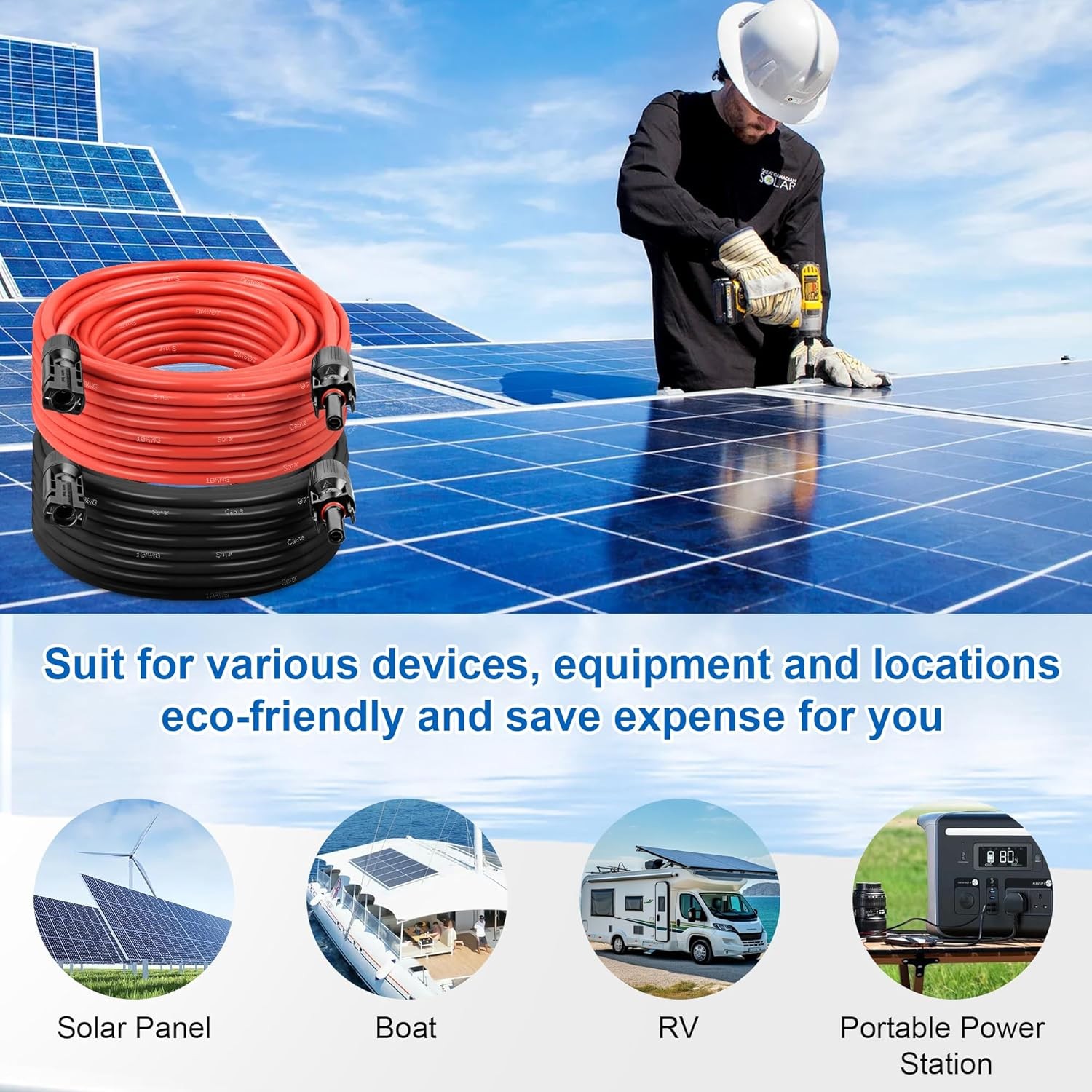 50 FT 10AWG Solar Panel Extension Cable,10 Gauge Extension Cord,5FT 10FT 20FT 30