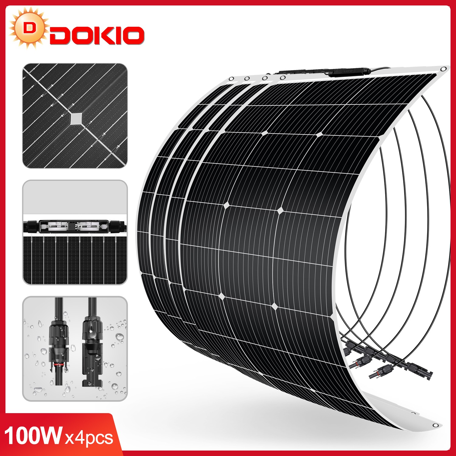 DOKIO 4x100w(400w) 18V Mono Flexible Solar Panel waterproof for Boat Cabin Van
