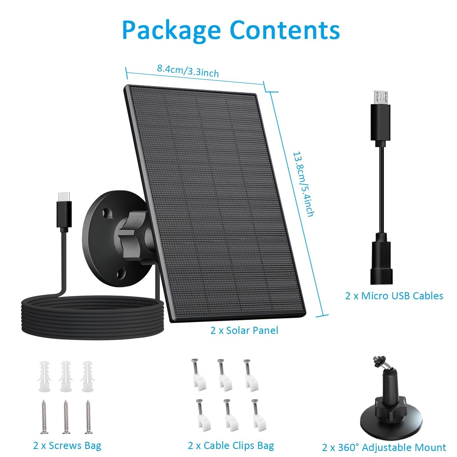 2 Pack 2W Solar Panel for Security Camera USB USB-C IP65 7.2ft Cable Black USNew