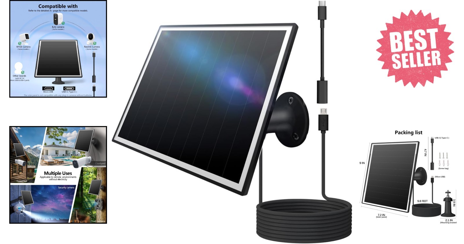 360° Adjustable 8W Solar Panel for Eufy, Wyze, Reolink – Fast & Weatherproof