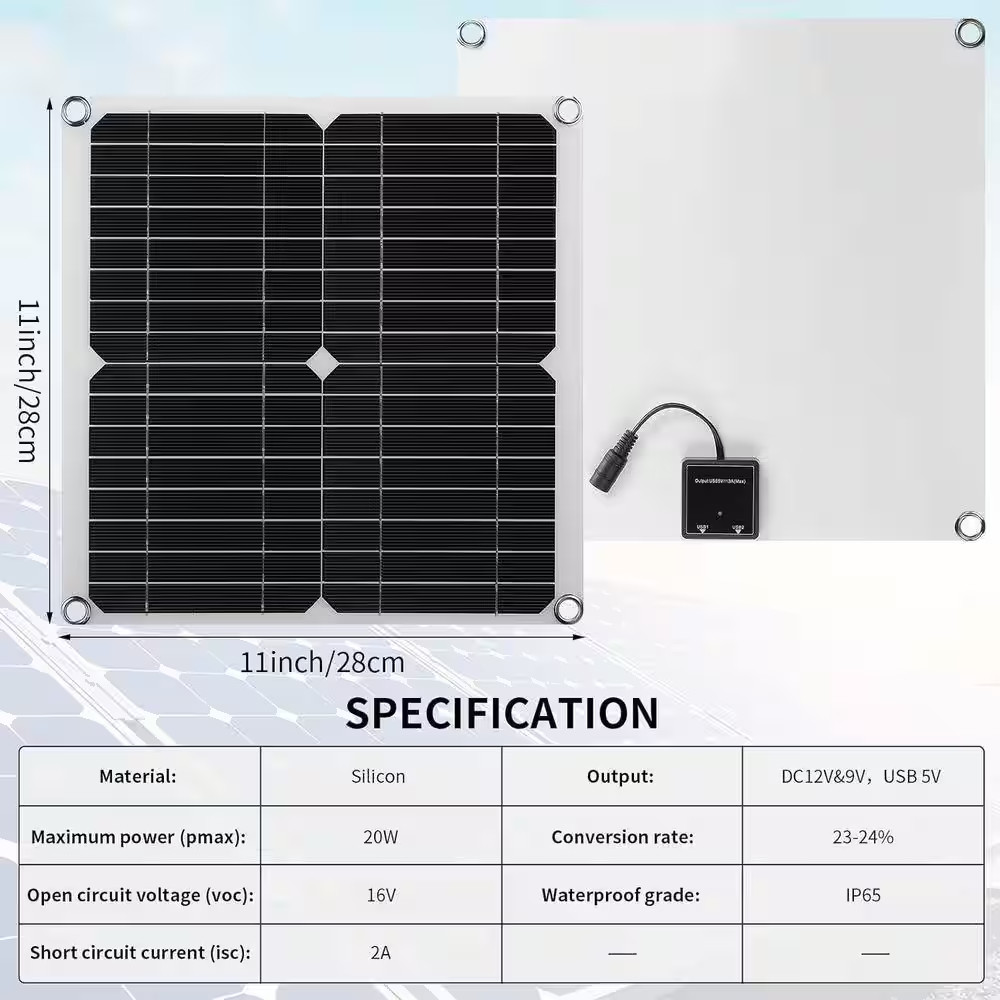 20W 16V Solar Panel Exhaust Fan Kit USB Portable Solar Powered Fan for Greenhous