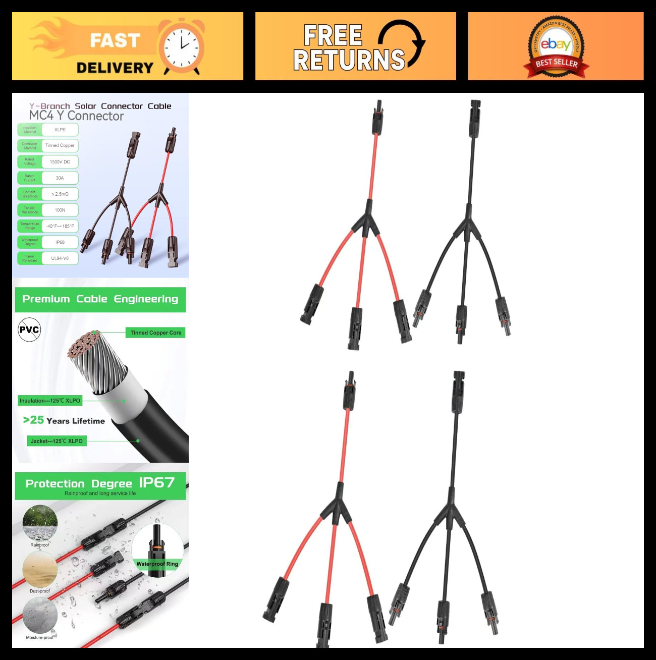 3-to-1 Solar Panel Y Branch Connectors, 1500V DC 30A, Universal 10AWG, 2 Pairs