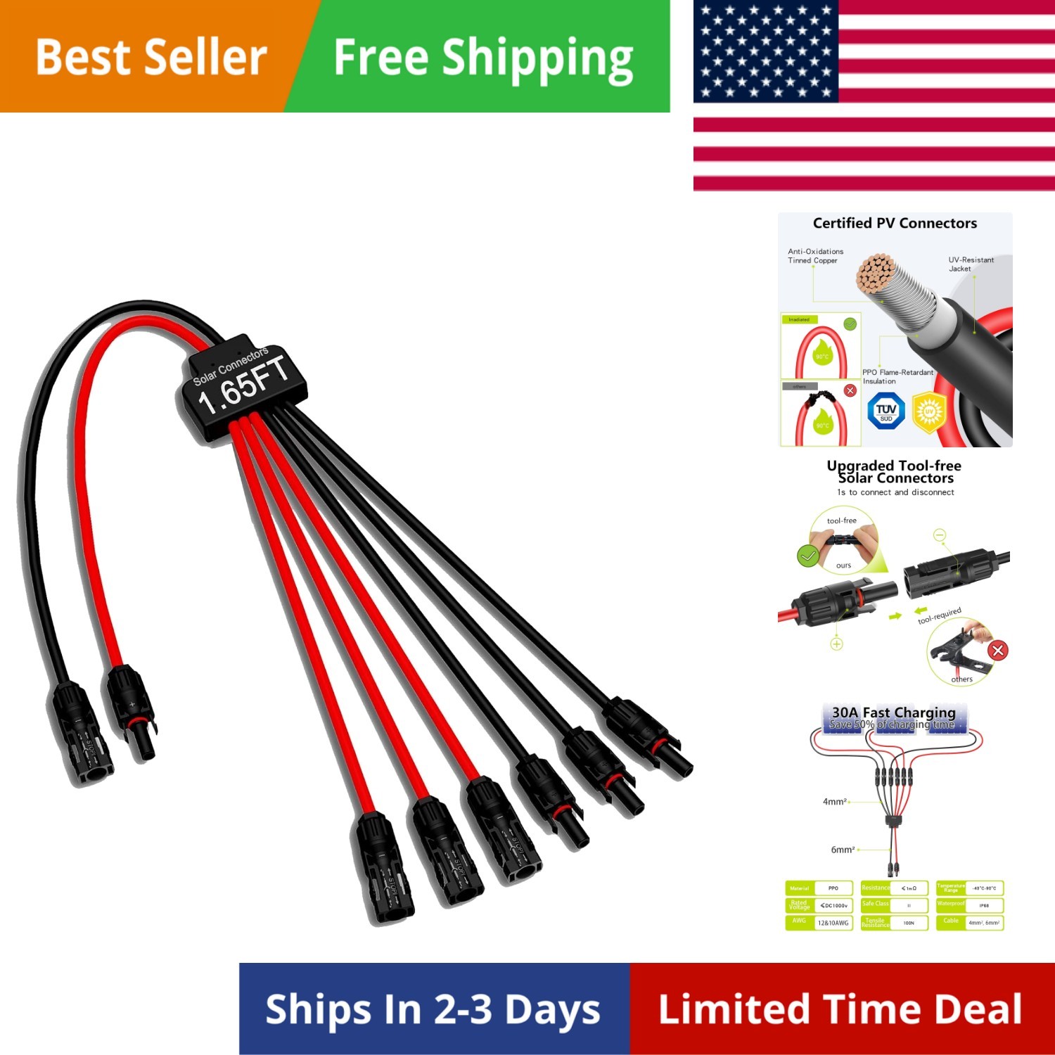 Solar Connectors for 3 Solar Panels, Tool-Free Solar Panel Wires and Connecto…
