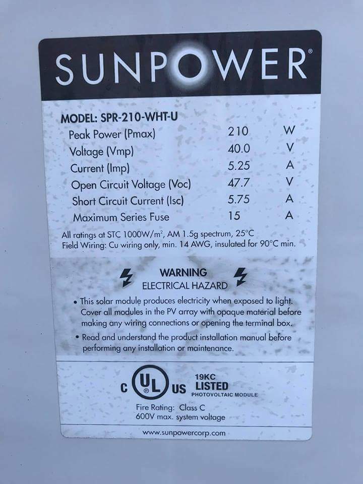 LOT OF 10: 210W-230W Sunpower SPR WHT & BLK USED SOLAR MODULES + DELIVERY SF BAY