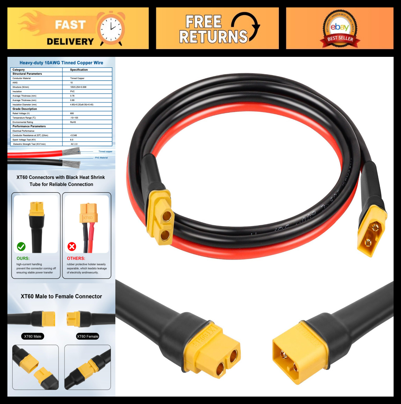 3FT XT60 Extension Cable, 10AWG Tinned Copper Wire, Heavy-Duty Power Cord for RC