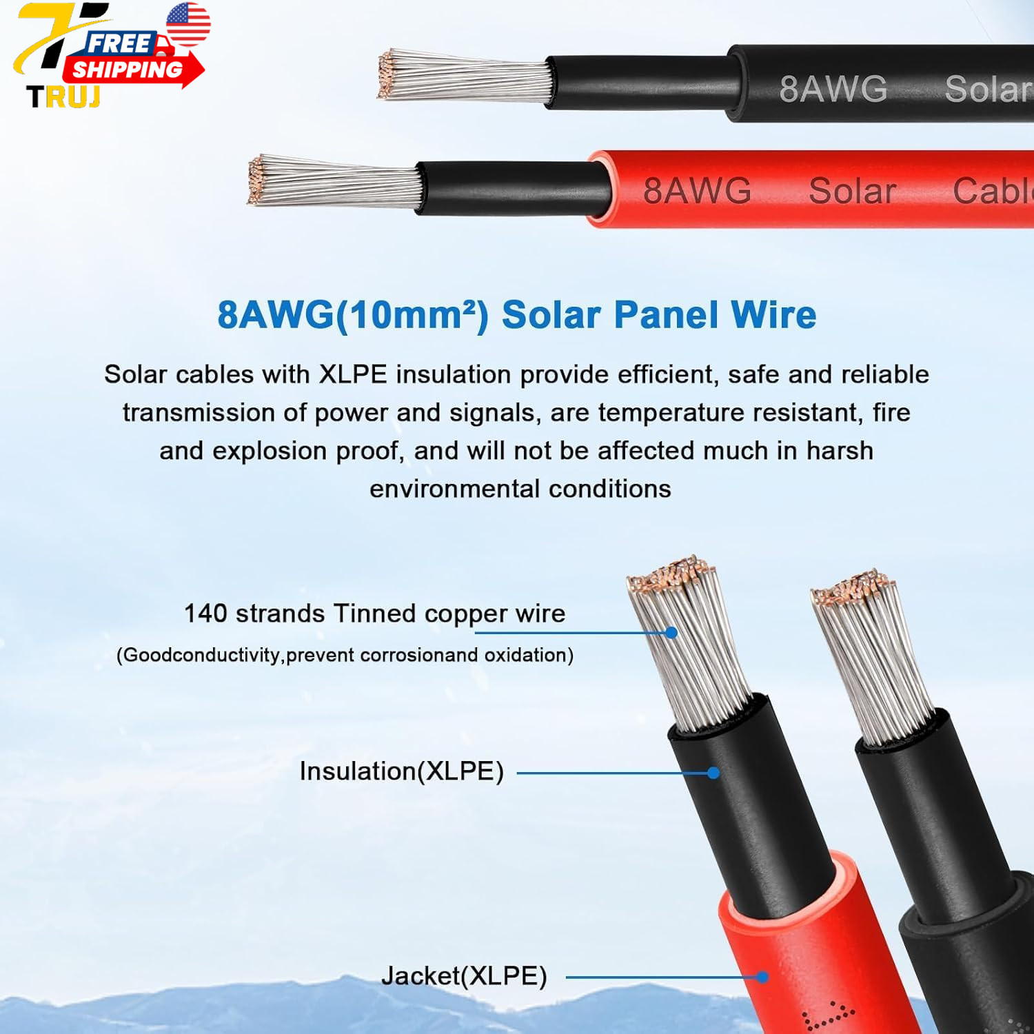 8AWG Solar Panel Wire 10Mm² 2 Pack 50FT Red & Black Solar Extension Cable PV Wir