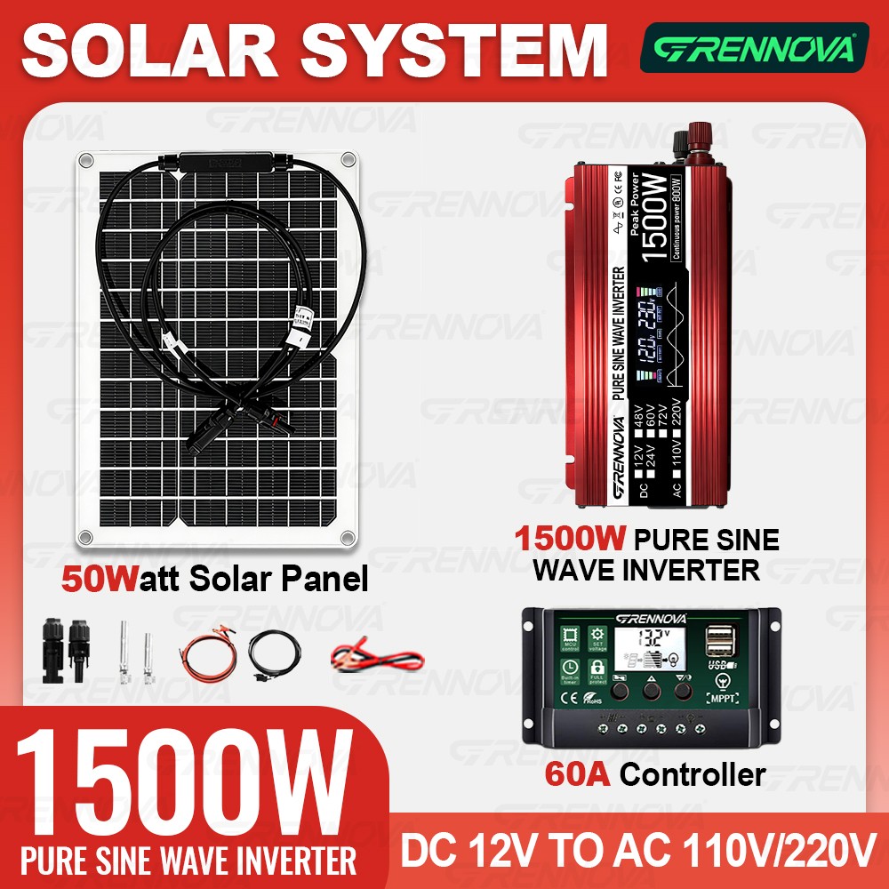 Grennova 1500W Solar System 50W Panel Set 12V To 110/220V Inverter + Controller