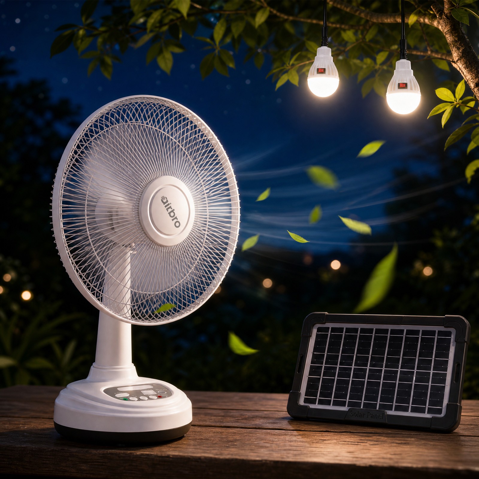 Table Fan 2-Speed 12-Inch Rechargeable Solar Powered w/ Safety Grill & 2pcs Blub