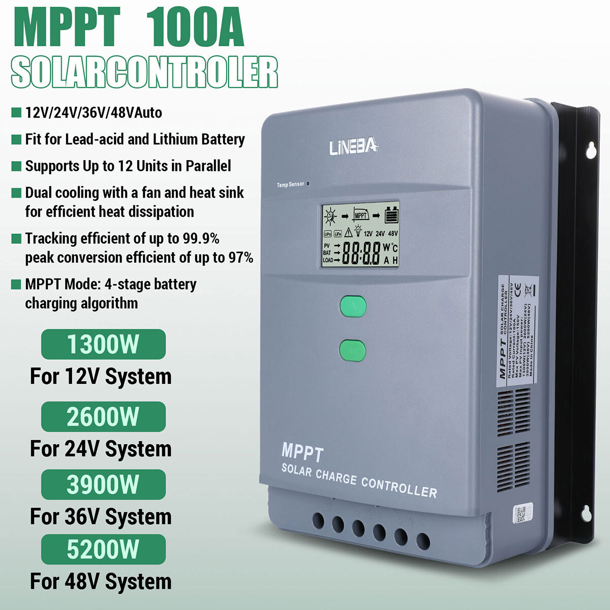 10-100A Solar Charger Controller MPPT&PWM Dual USB Charge Regulator Panel 12/24V