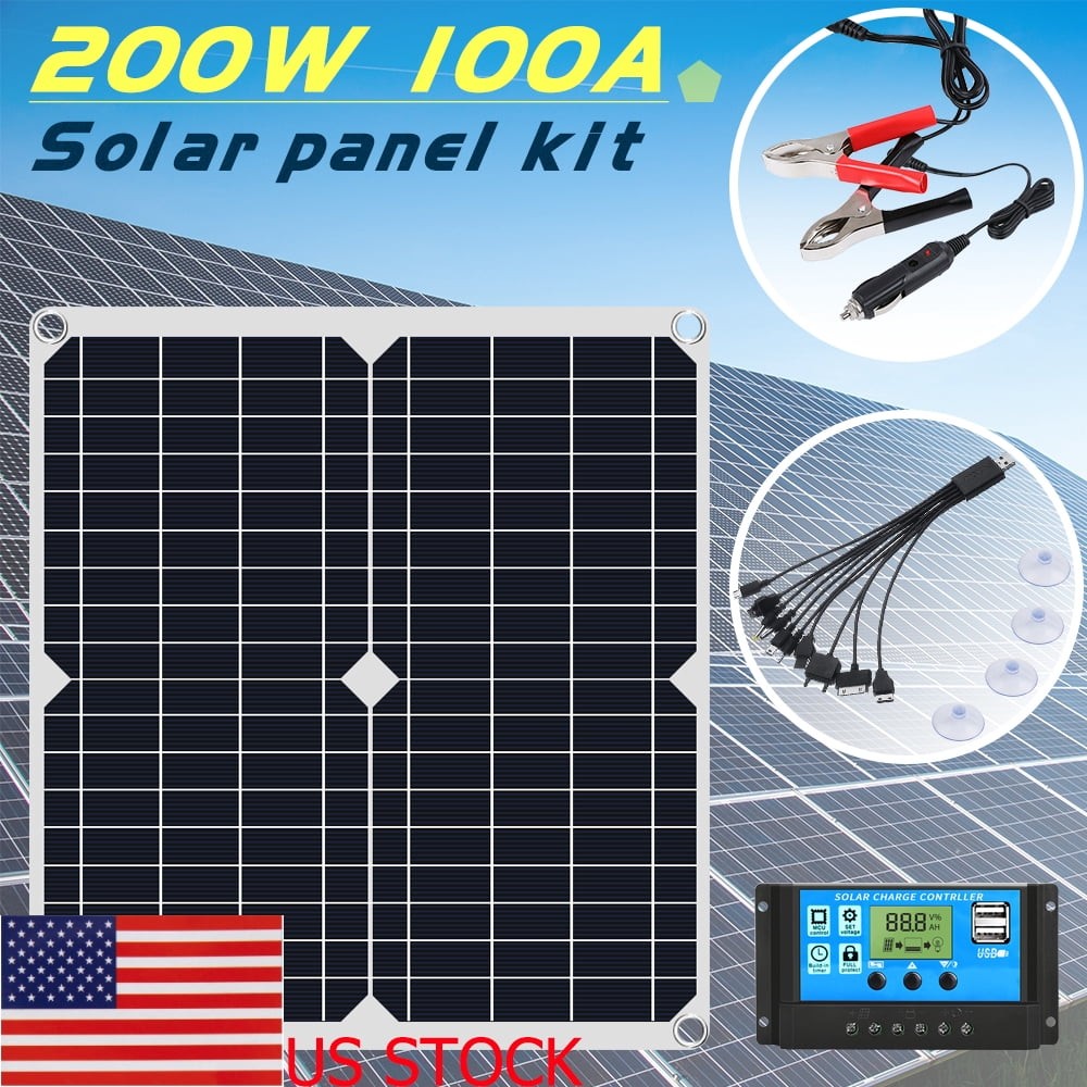 200 Watt Portable Solar Panel Charger W/ Charge Controller,100A Starter Kit US
