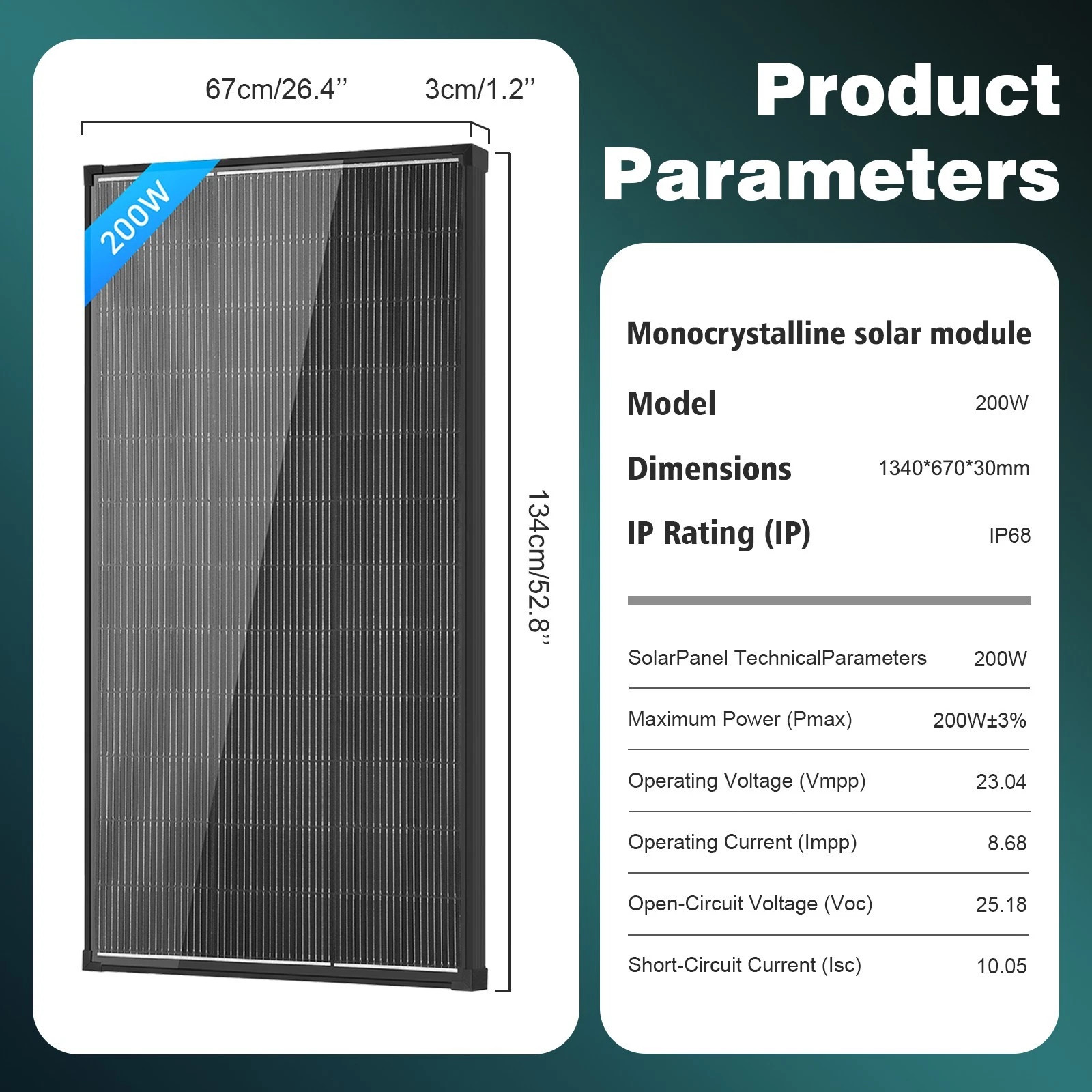 AeternaSol 200W Solar Panel Mono N-Type 18V PV RV Home Camping Battery Off-Grid