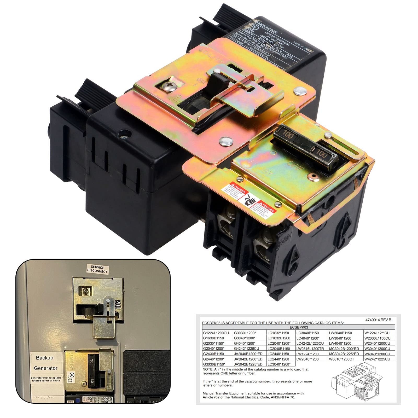 Generator Interlock Kit with Siemens and Murray, ECSBPK03 Mechanical Interloc…