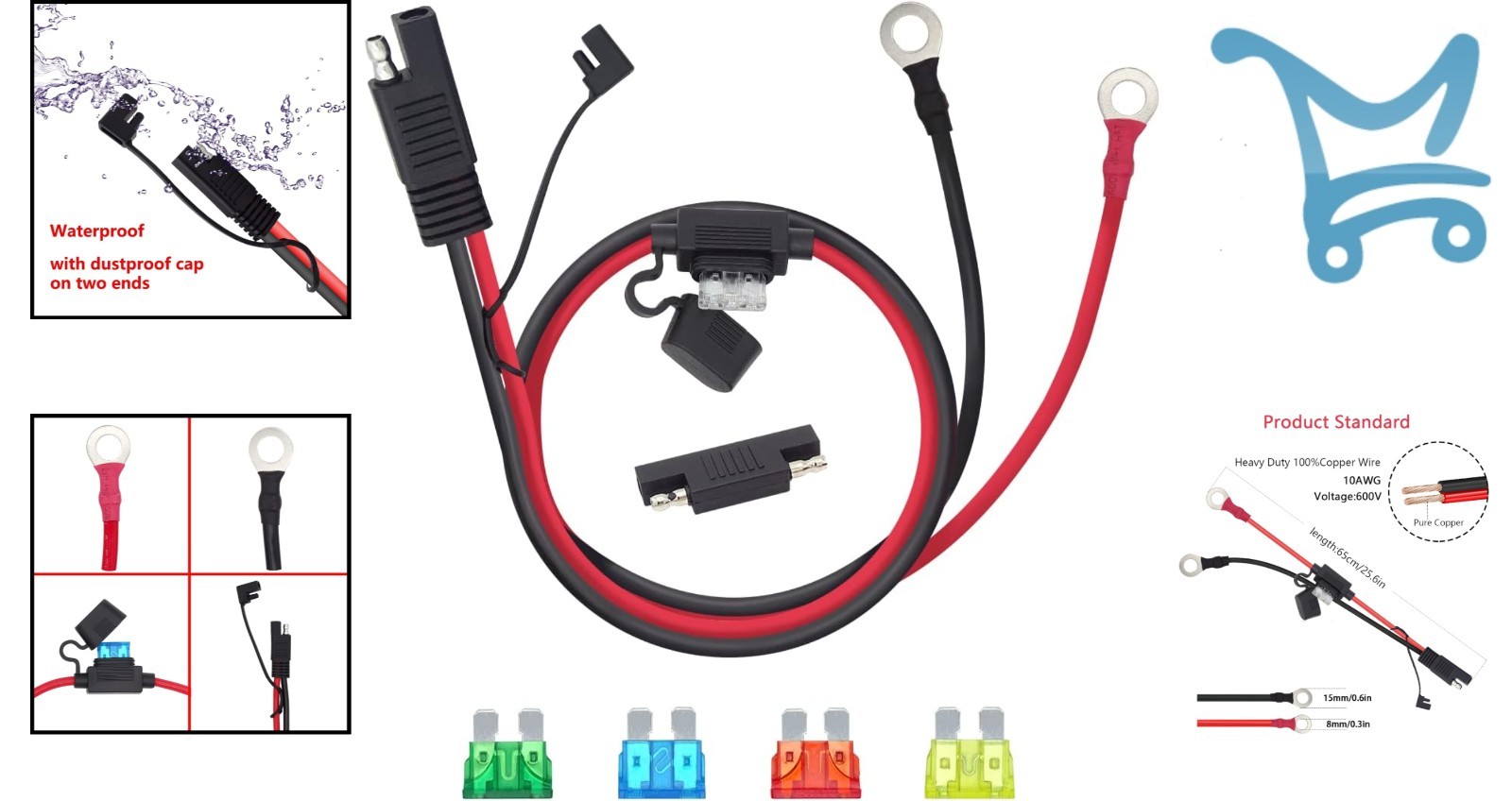 2 FT SAE Extension Cable Copper 10AWG Waterproof Quick Connect Battery