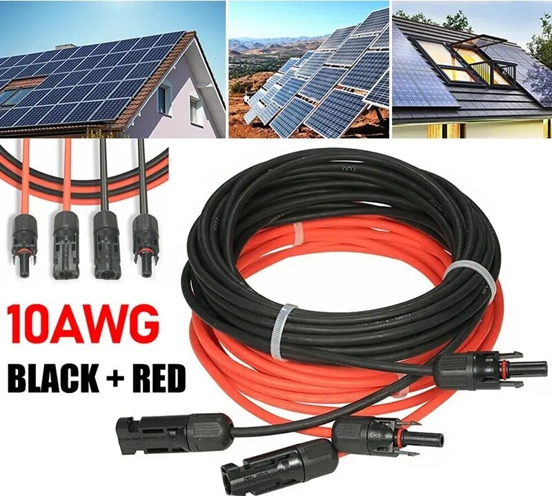 10 AWG Solar Panel Extension Cable PV Wire Solar Connectors Pair Black Red 6mm²