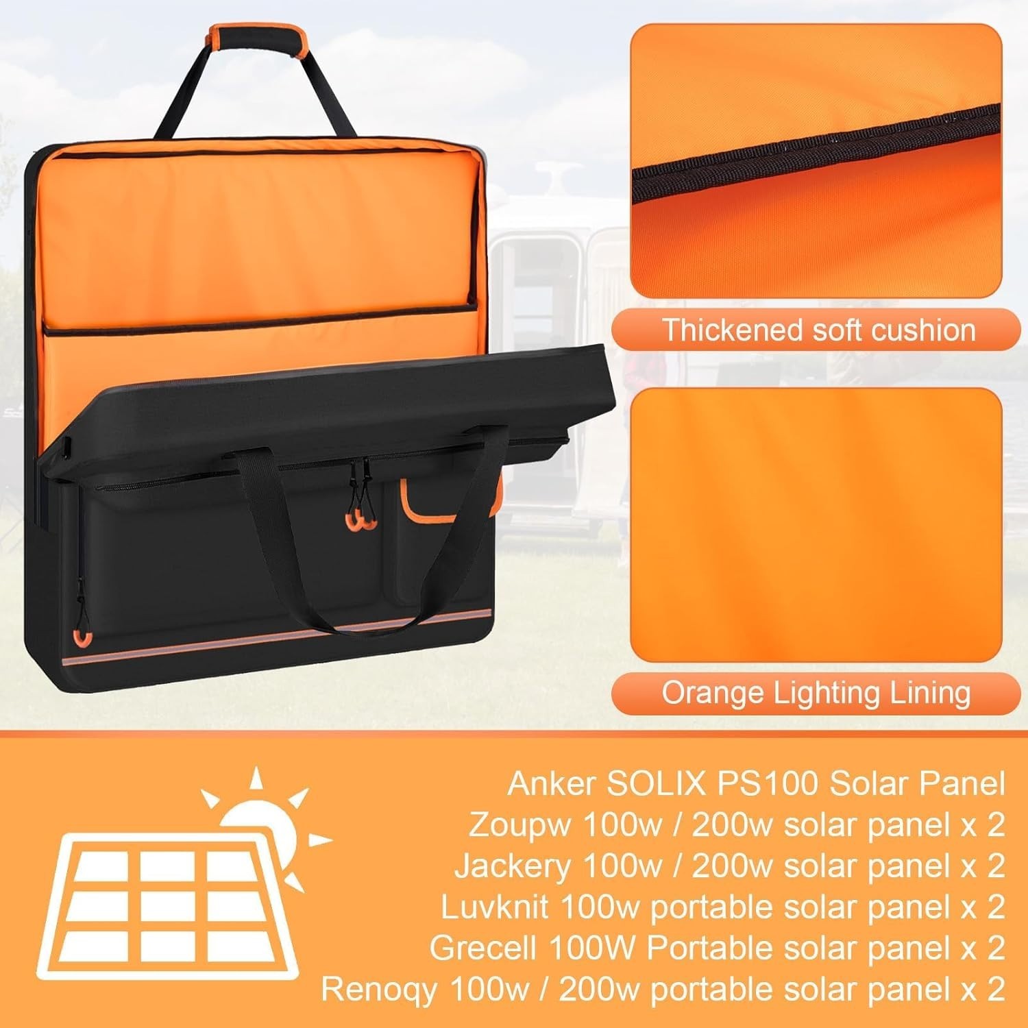 Solar Panel Storage Bag with Orange Lining, Deepened Opening, Zipper with Pull a