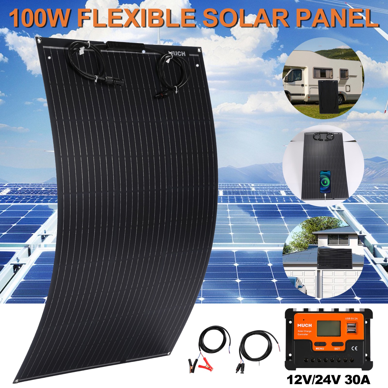 100/200/400W High Effciency Flexible Solar Panel Kit for RV Battery Boating