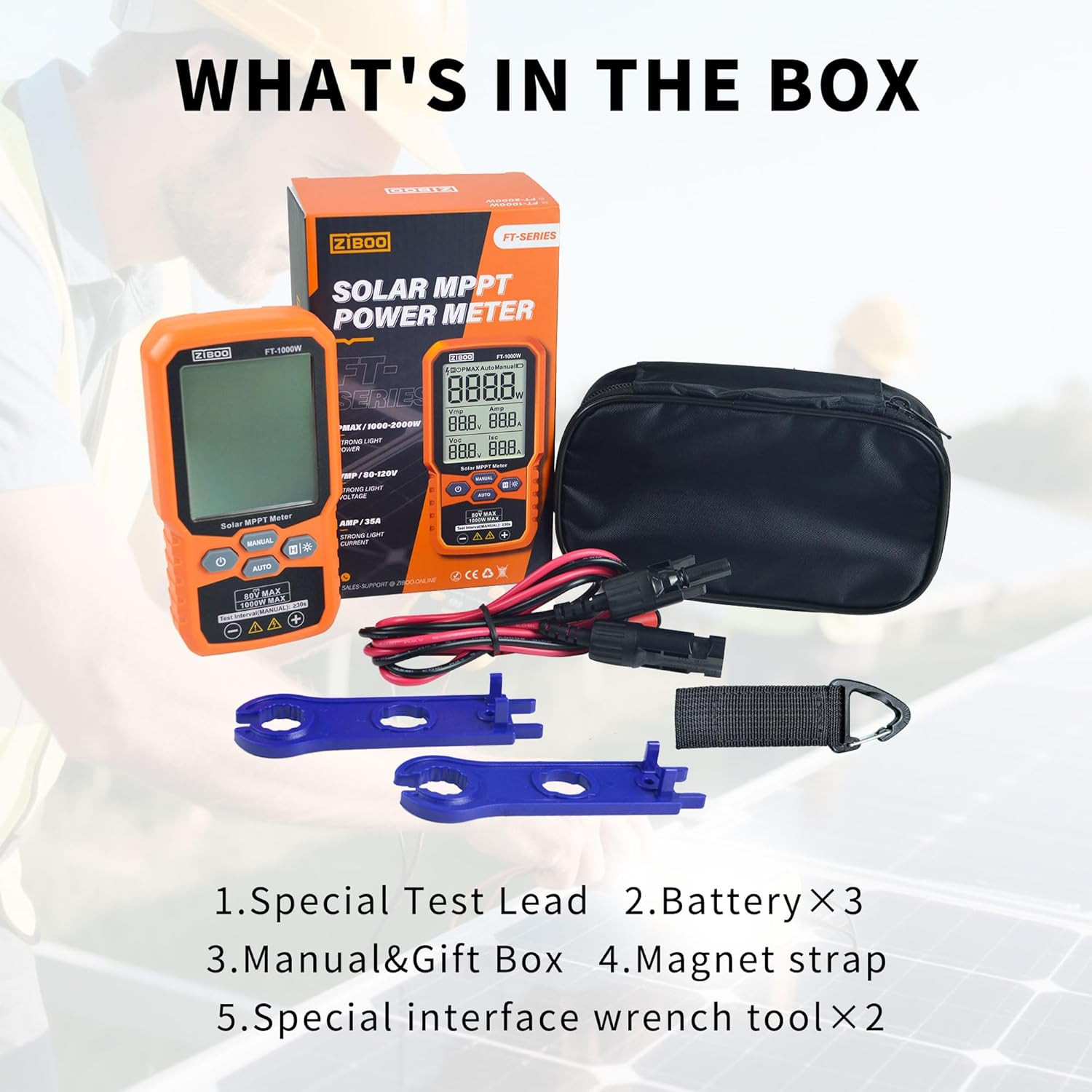 ZIBOO FT-1000W Solar Panel Tester MPPT Meter – 1000W Max Power, 80V/35A PV