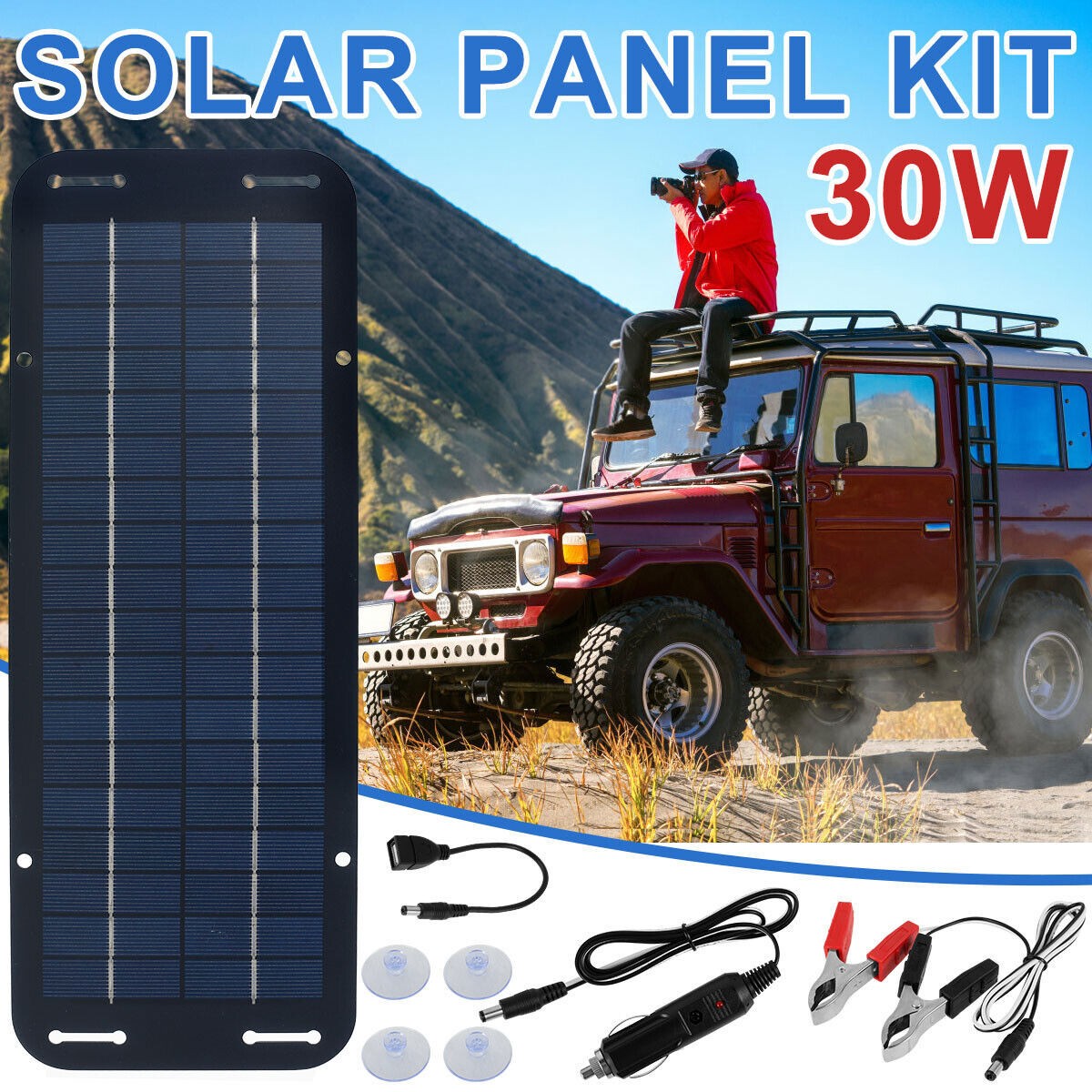 60W Solar Panel 18V Trickle Charger Battery Charger Kit Maintainer Boat Car RV