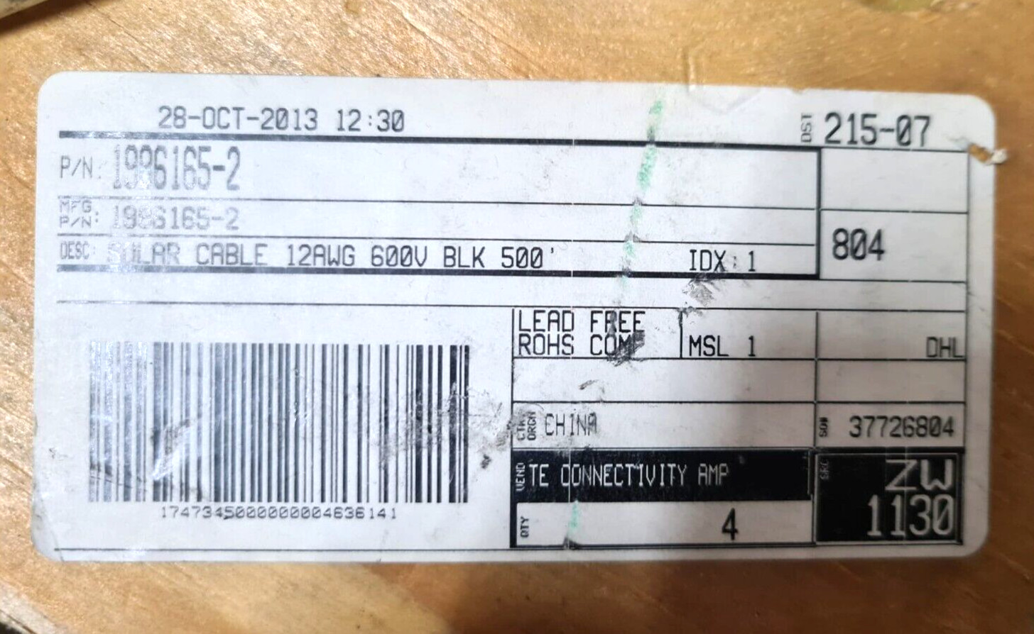 Solar Cable 12 AWG 600V BLK 500 Photovoltaic Solar Panel Cable 1986165-2