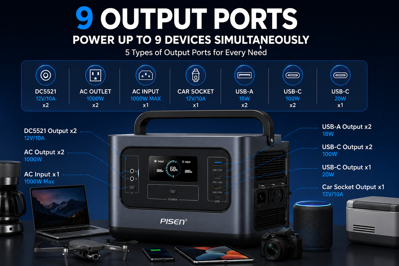 PISEN 1000W Portable Power Station 1008Wh LiFePO4 Solar Generator Camping