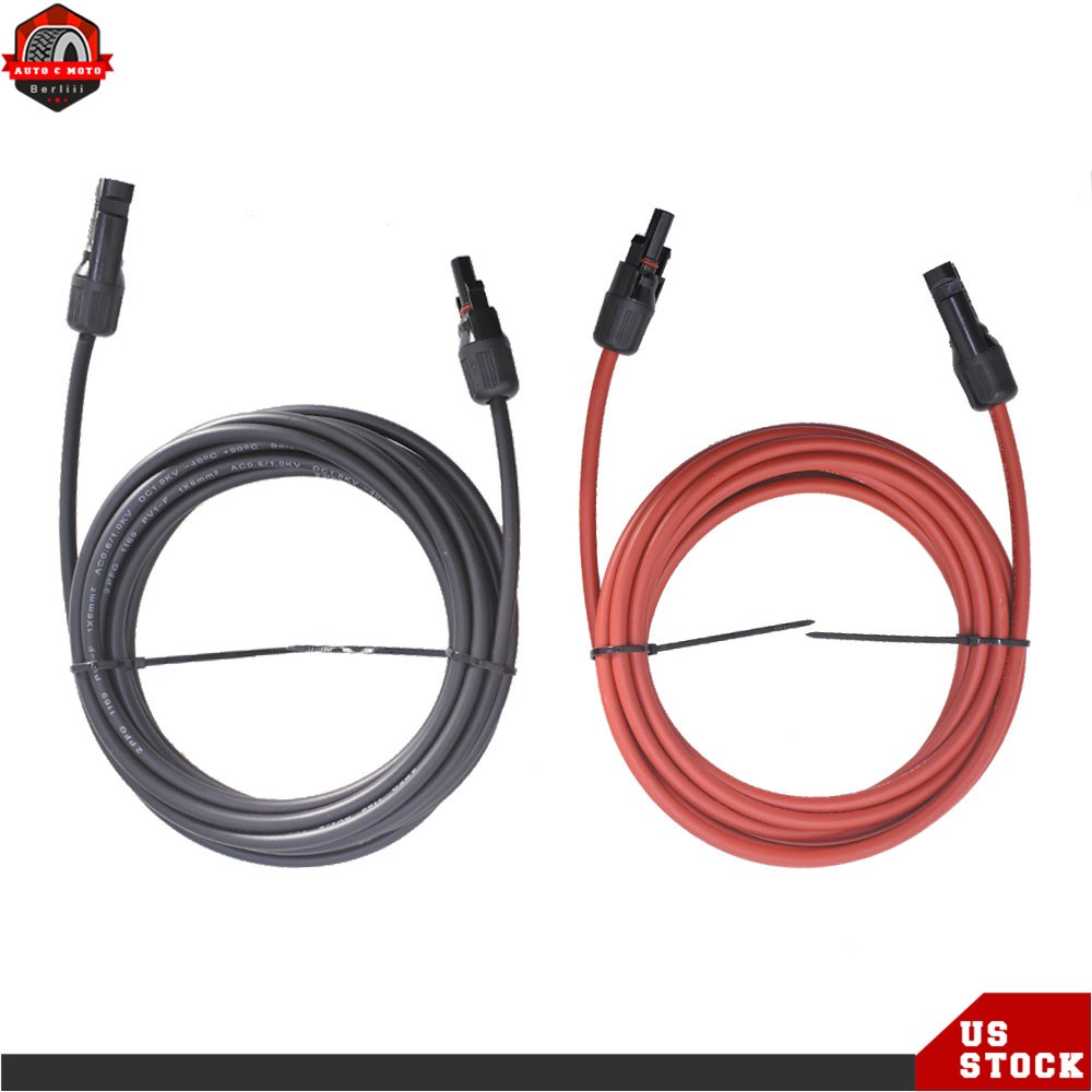 10 AWG 15 FT 1 Pair Black + Red Solar Panel Extension Cable Wire Connector