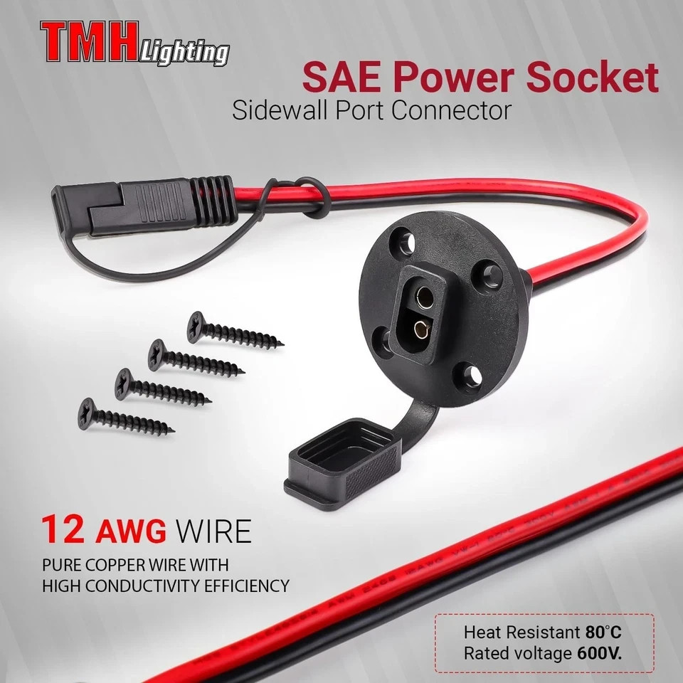 2FT 12AWG SAE Power Socket Sidewall Port Connector 2 Pin SAE Quick Connect 2 Pk