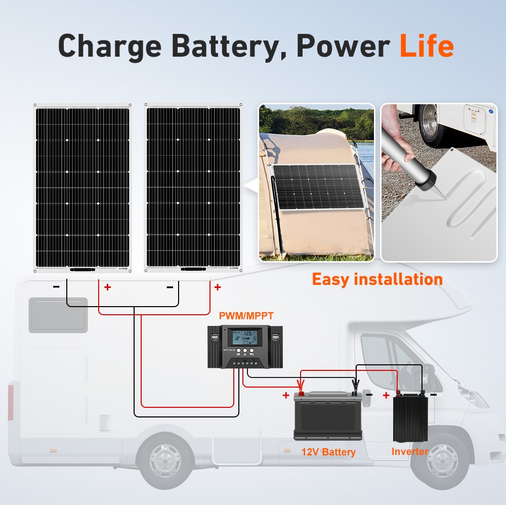 Dokio 100W 200W 400W Flexible Mono Solar Panel Kit to 12V Battery Off Grid Van
