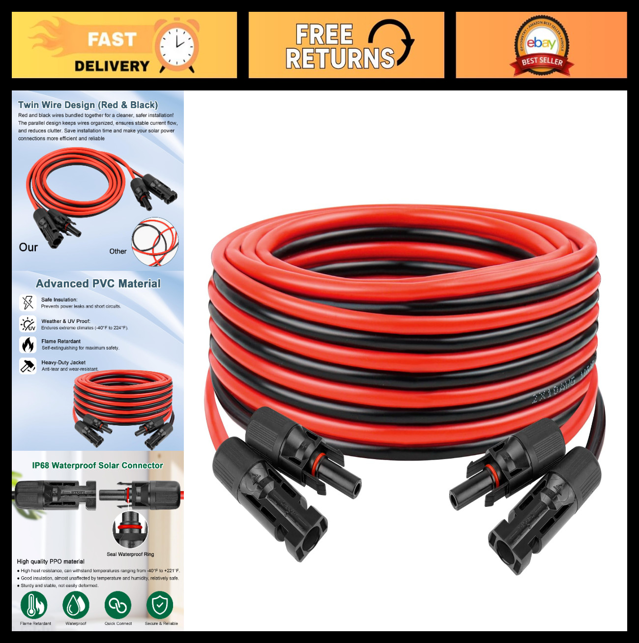 10FT Solar Extension Cable – 10AWG Tinned Copper PV Wire, Weatherproof Connector