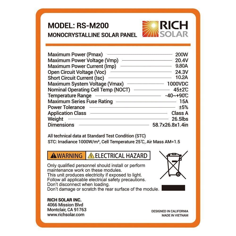 Rich Solar Mega 200 Watt 12 Volt Monocrystaline Solar Panel w/Mounting Bracket