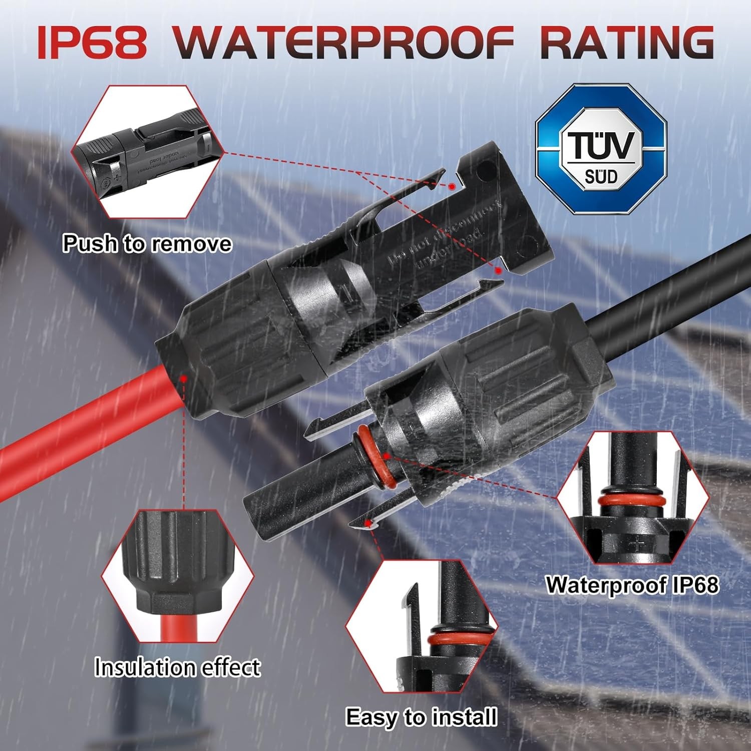 MC4 Y-Branch Solar Connectors 4-2 Parallel Adapter 10AWG IP68 Tool-Free 1.65FT