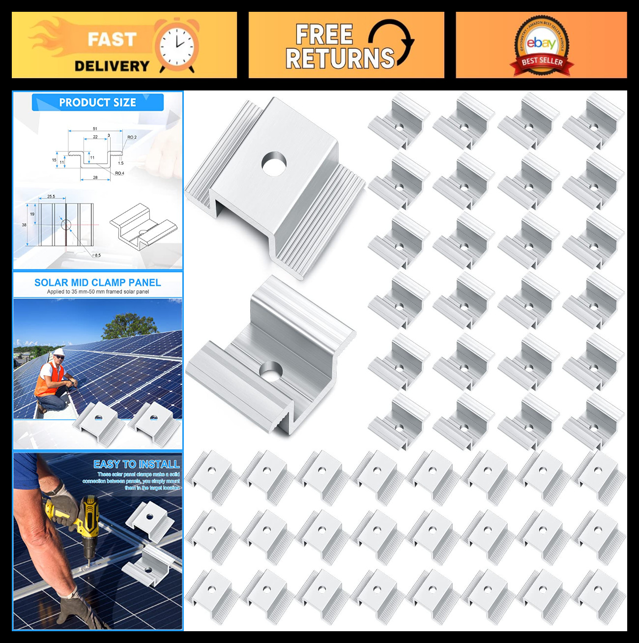 48 Pack Solar Panel Mid Clamps – 1.06″ Aluminum Mounting Brackets for Solar Pane