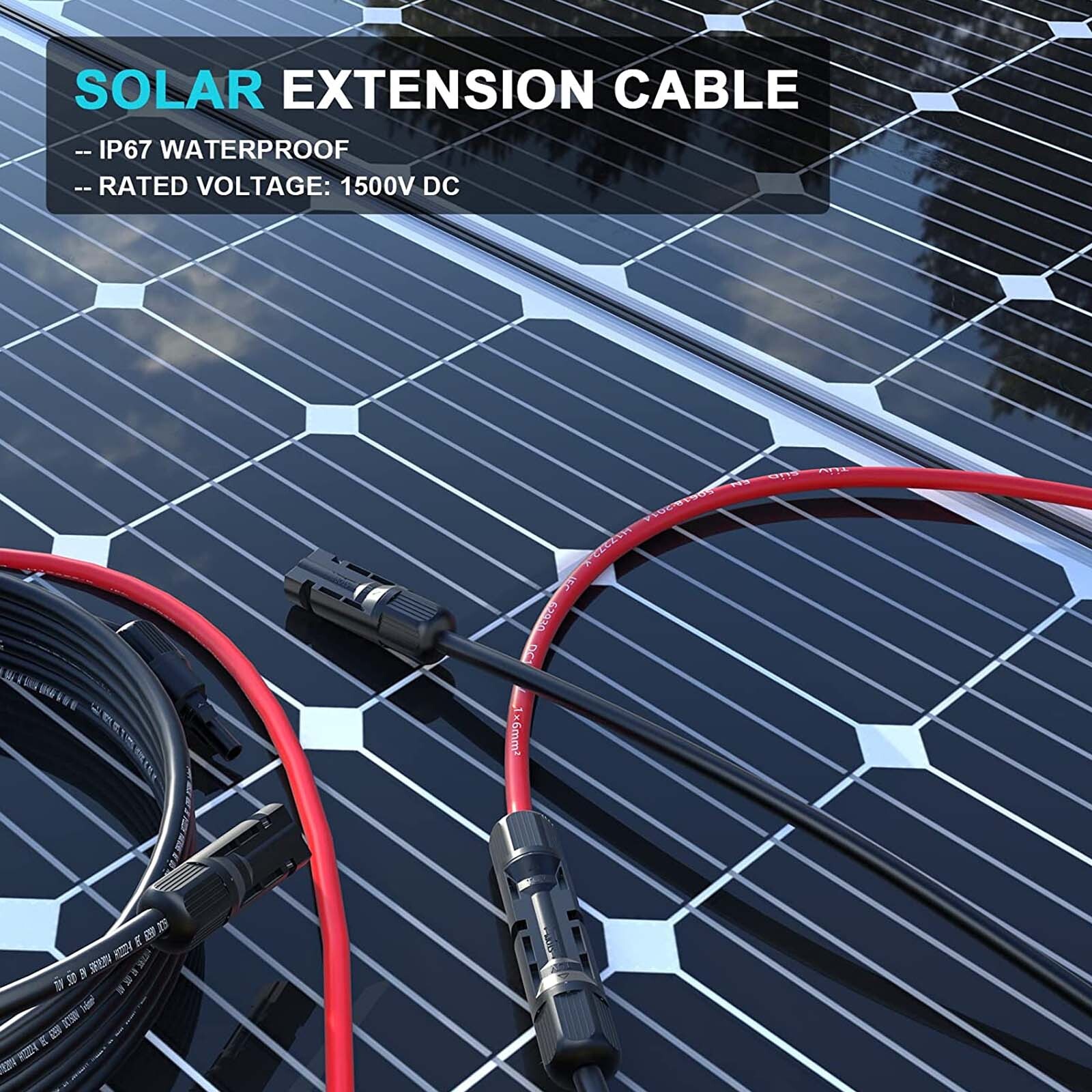 1 Pair PV Cable Solar Panel Extension Wire Solar Connector 10 AWG Gauge 6mm²