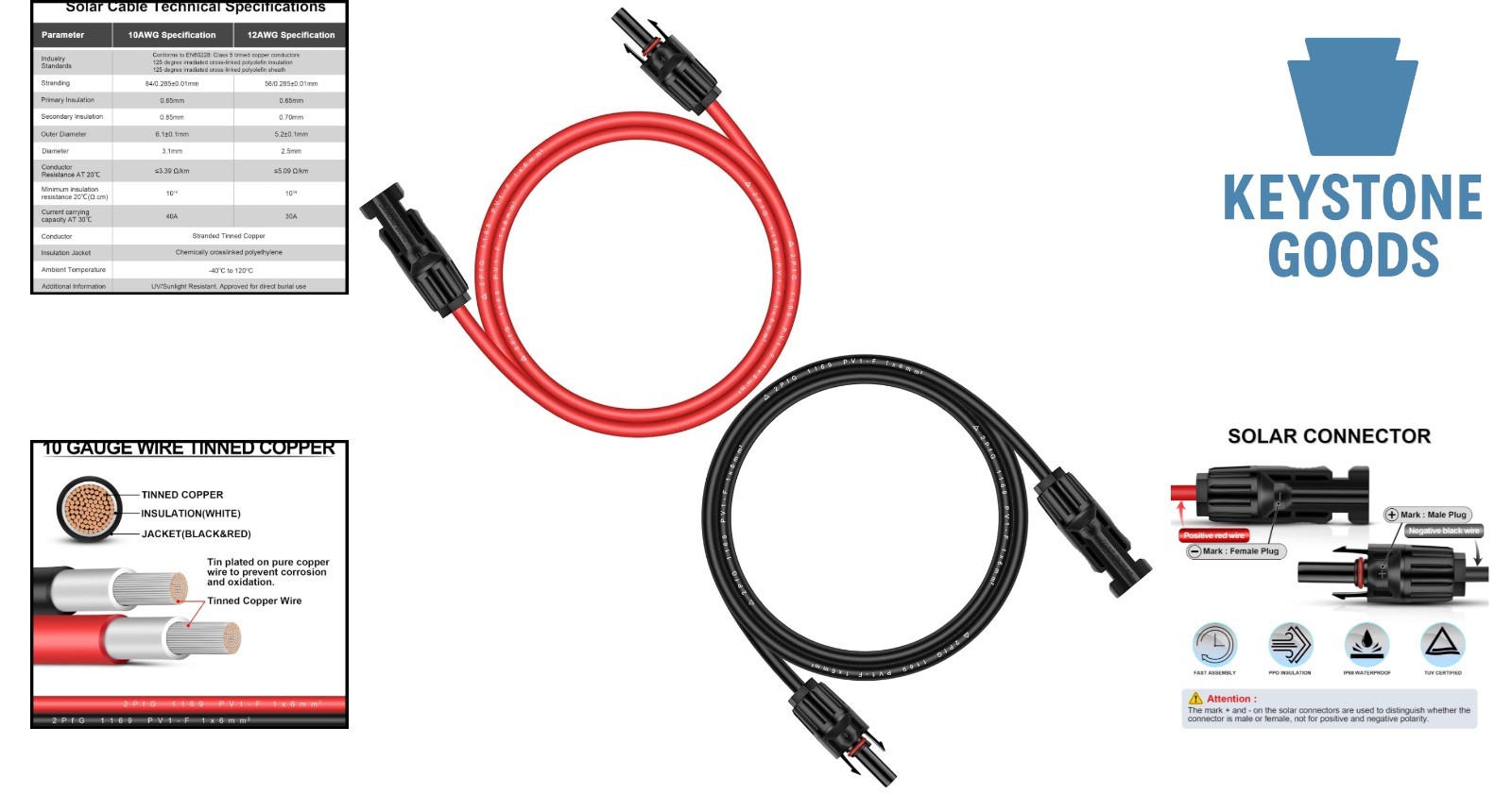6ft Solar Panel Extension Cable 10AWG Waterproof, Weatherproof, UV Resistant