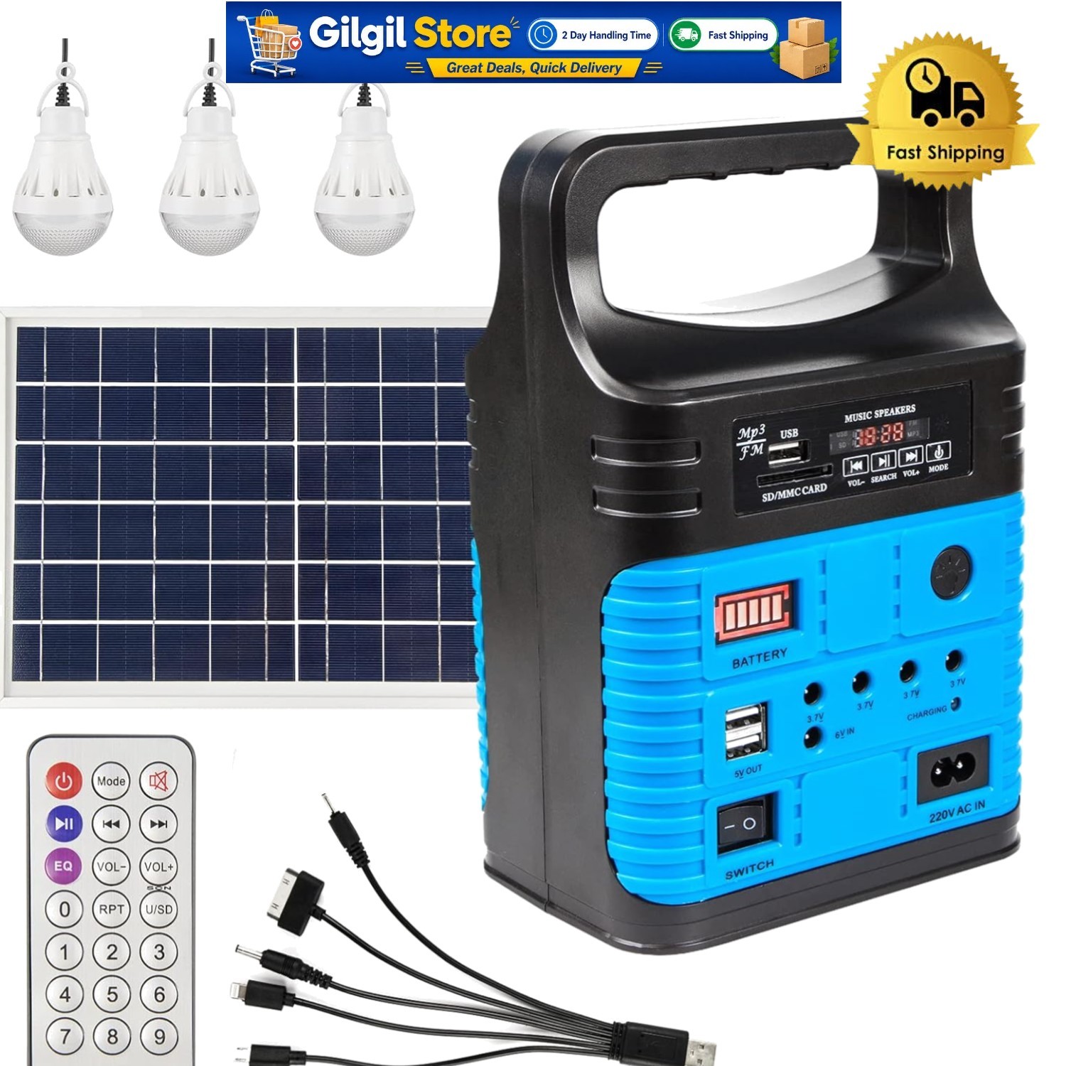 Quiet Blue Portable Solar Generator with LED Flashlight – Ideal for Camping