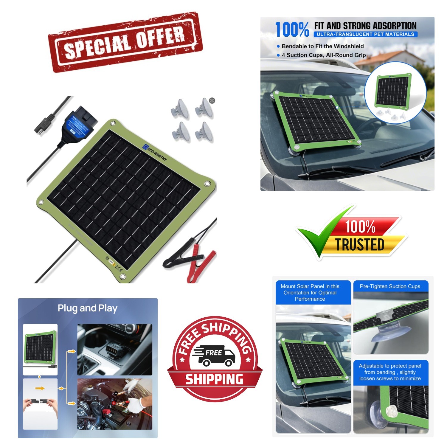 7.5W Waterproof Solar Car Battery Charger – Dual Charging Modes for All Vehicles