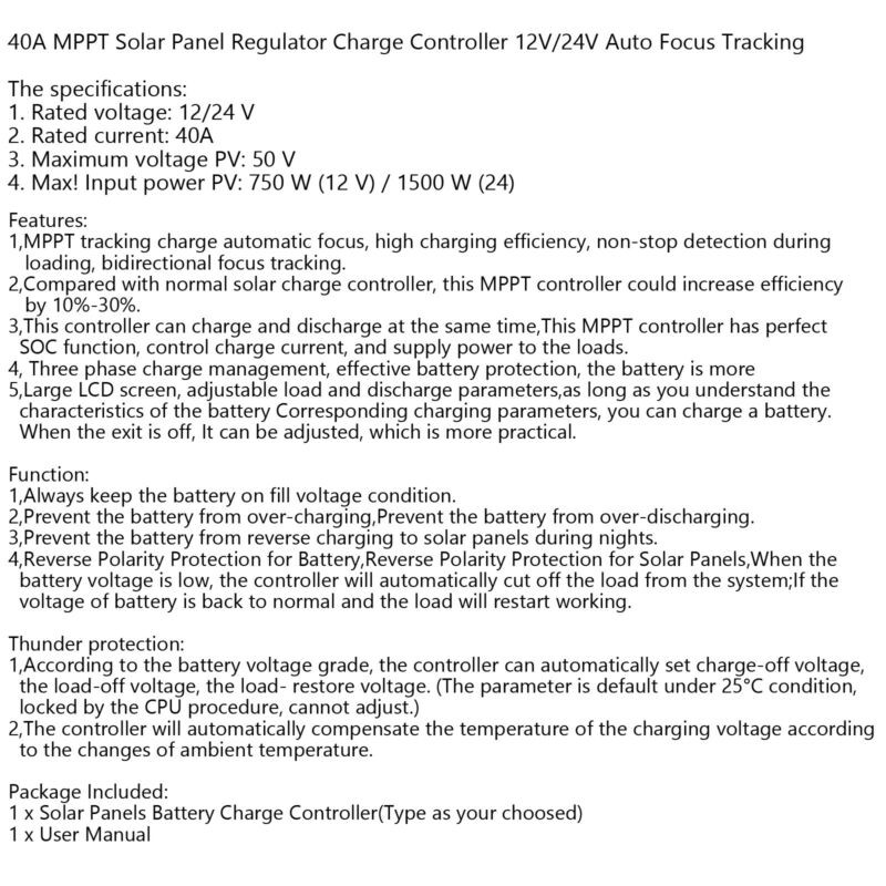 Regulator Dual USB Panel Auto Focus MPPT Solar 12V-24V Charge Controller 40A’