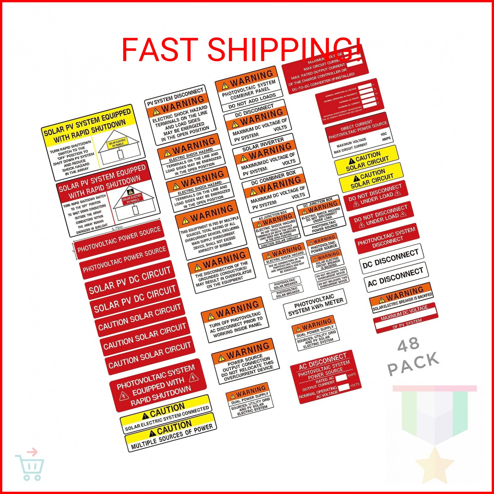 CDXHOME 48 Pack PV Solar System Install Label Kit,Photovoltaic Safety Stickers,P