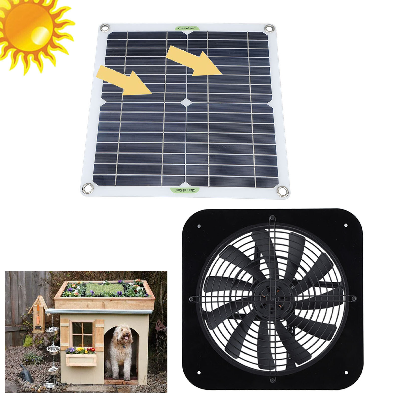 13in Solar Power Fan W/Solar Panel For Room Attic Kitchen Pet Cage Ventilation