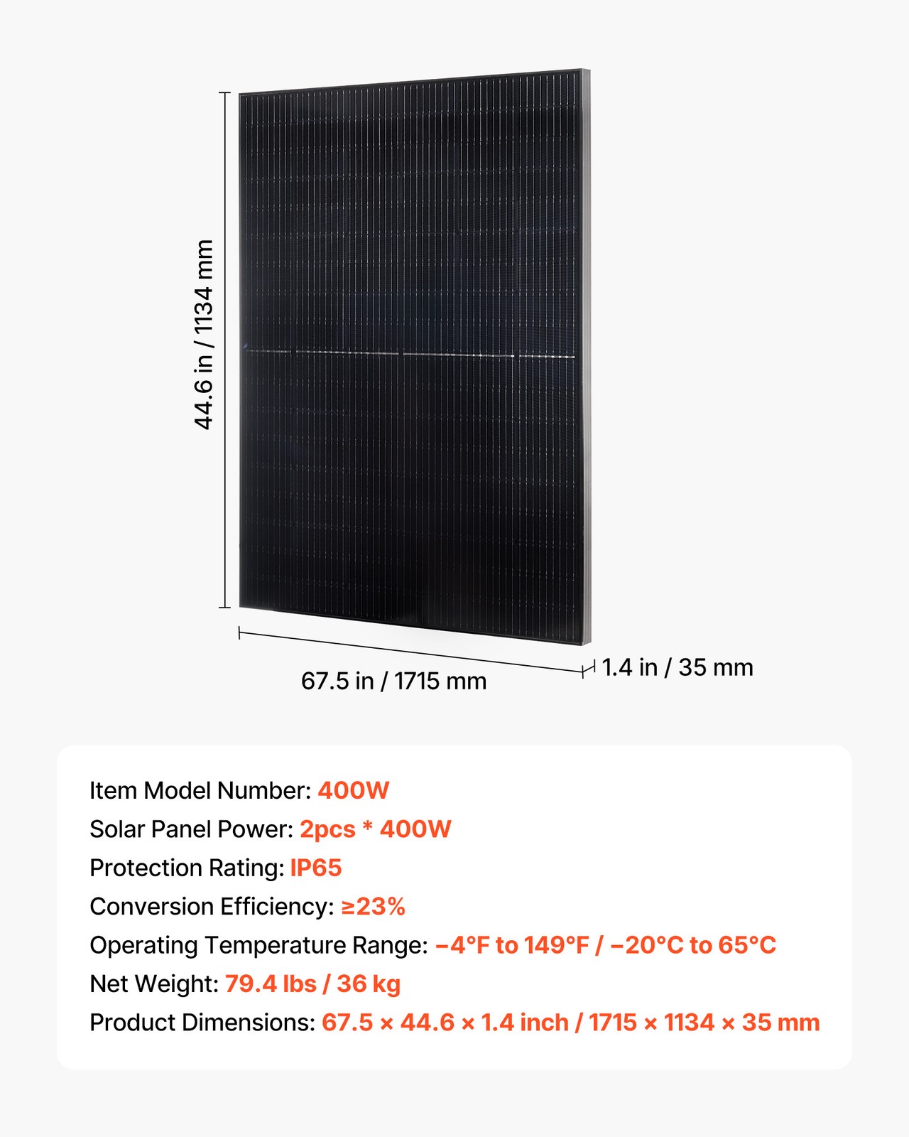 VEVOR 2PCS 400W Monocrystalline Solar Panels PV Module with MC4 Output & Frame